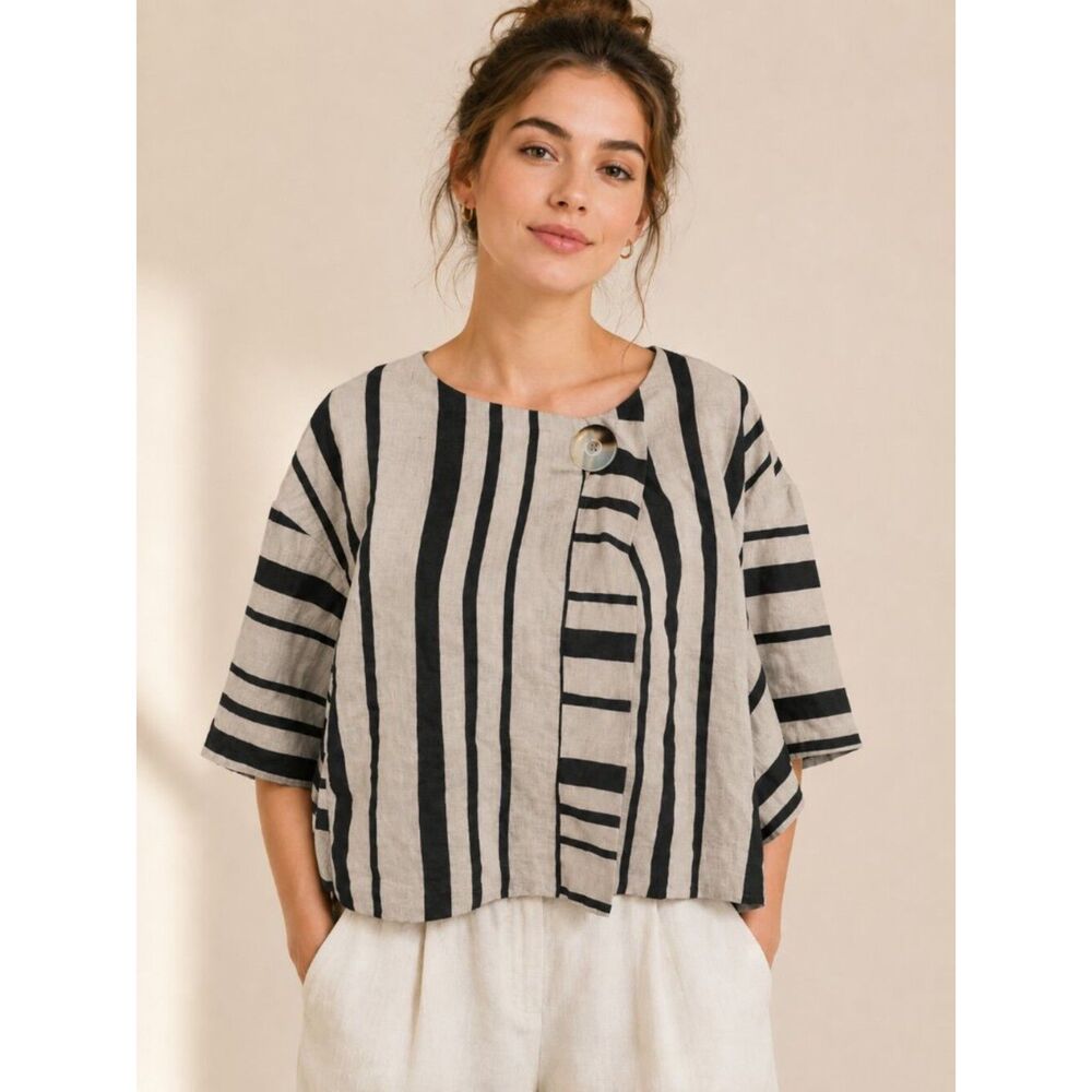 Alembika Striped Boxy Linen Cotton Blend Short Sleeve Lagenlook Artsy Top
